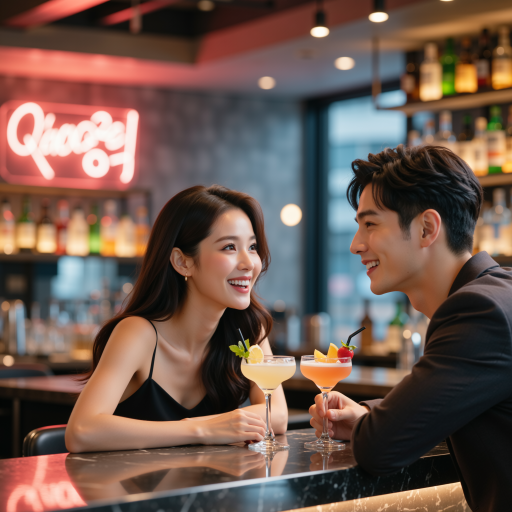 一对年轻情侣合影，穿着正式服装，背景为浪漫餐厅，幸福微笑