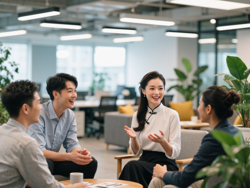 现代办公室环境，年轻男女正在愉快交谈，温馨浪漫氛围，柔和灯光